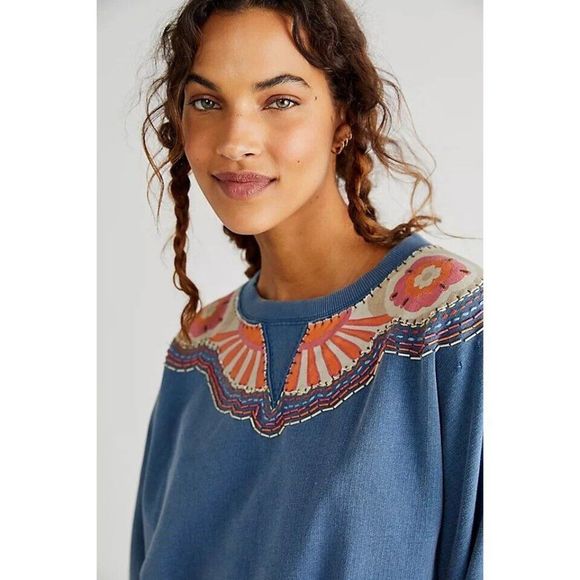 Free People Blue and Gray Sweater with Embroidered Details - Picture 3 of 3